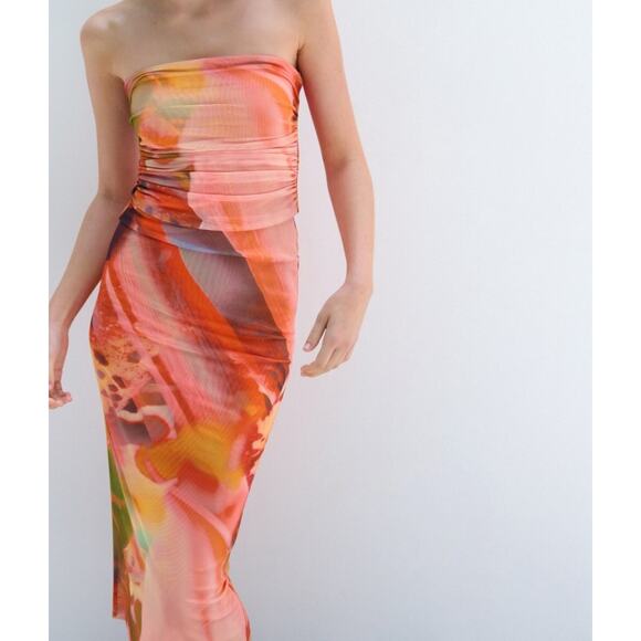 NWT Zara Strapless Printed Tulle Dress Size Medium - Picture 2 of 13